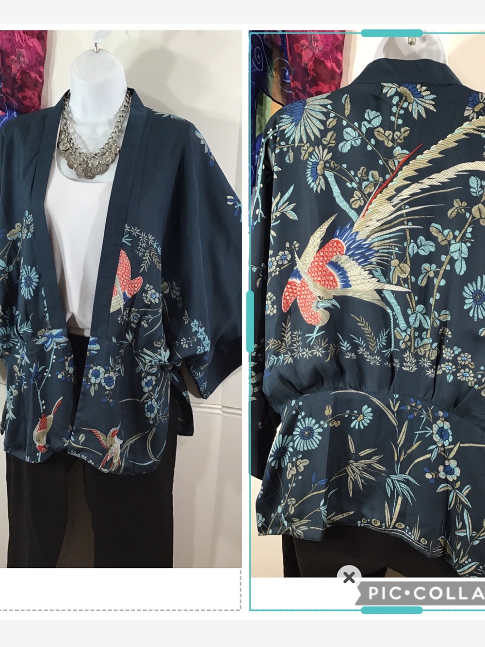 Escalier Navy Floral Bird Kimono Jacket lined artisan